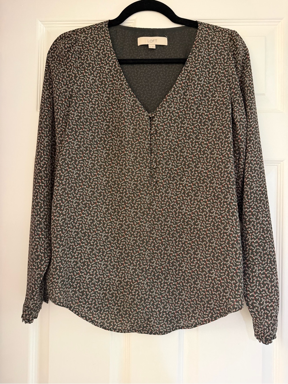LOFT Olive Green and Black Printed V-Neck Long Sleeve Blouse
